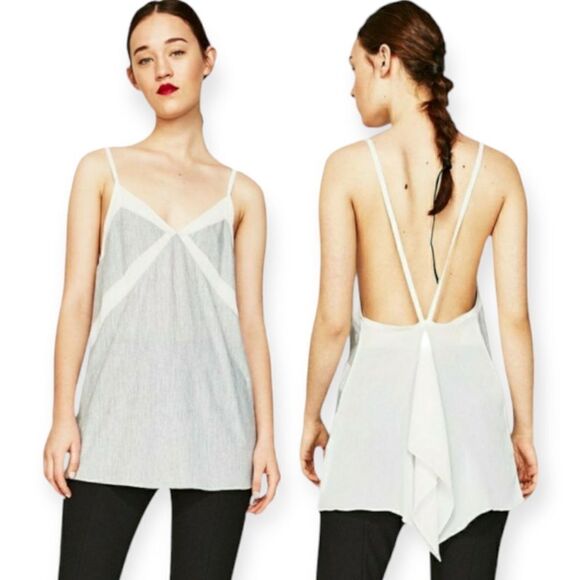 Zara White/Grey Striped Tank Top Waterfall Back small nwot - Picture 1 of 8